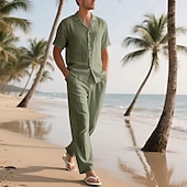 cheap Men&#039;s Tee Sets-Men&#039;s Shirt Suits Shirt and Pant Sets 2 Pieces Outfits Short Sleeve Lapel Summer Plain Fashion Casual 2 Piece Vacation Daily Wear Going out Black White Khaki Top Tee for Men