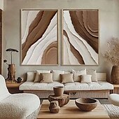 お買い得  抽象画-茶色と白の油絵、手作りの壁アート、キャンバスに描かれた抽象画2点セット、手描きのテクスチャ、モダンな絵画、壁アート、モダンな抽象画、壁アート、ウォールデコレーション