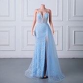 baratos CINZA-Sereia  Vestido de Noite Trompete Vestido Elegante Festa de Gala Traje de Corte Sem Mangas Alças Finas Com Lantejoulas e Pérolas