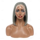economico Parrucche lace front capelli veri-parrucca frontale in pizzo con capelli umani grigi 13x4, parrucca corta e liscia in pizzo con densità del 150%