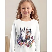 Недорогие 3D Животные для Девочек-Девочки 3D Животное Лошадь Футболка Длинный рукав Весна Осень Мода Классический Дети 4-12 лет Вырез под горло на открытом воздухе Повседневные Стандартный