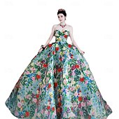 economico Abiti per feste da ballo-Abito da Ballo Quinceanera Elegante Abito Formale Matrimonio Lunghezza Piena Senza Maniche Senza Spalline Tulle Senza Schiena con Stampa Floreale Abito Ospite Matrimonio 2025