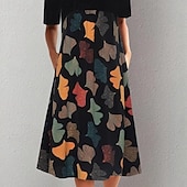 abordables Robes fleuries élégantes-Femmes Robe Midi Robe Imprimée Classique Extérieur Vacances Sortir Coupe régulière Fleur Manche Courte Col ras du cou Noir Été