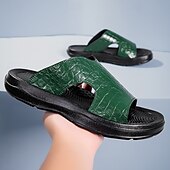cheap Vacation Sandals-Men&#039;s Copper Faux Leather Slide Sandals with Embossed Crocodile Pattern and Black Cushioned Sole – Stylish Slip-On Sandals for Indoor Lounge, Poolside Relaxation, or Resort Wear