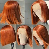 economico Parrucche lace front capelli veri-parrucca bobo corta in pizzo frontale color zenzero, arancione, 13*4, capelli lisci in pizzo, densità 150%