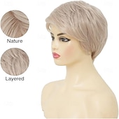 economico parrucca più vecchia-Parrucca da donna corta, bionda, bianca, con taglio pixie, liscia, riga laterale, a strati, in fibra sintetica, ispida, per vecchie signore, per uso quotidiano