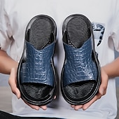 cheap Vacation Sandals-Men&#039;s Copper Faux Leather Slide Sandals with Embossed Crocodile Pattern and Black Cushioned Sole – Stylish Slip-On Sandals for Indoor Lounge, Poolside Relaxation, or Resort Wear