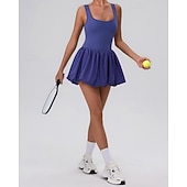cheap Women's Tennis Dress-Women's Solid Colored Tennis Dress with Built in Shorts and Bra Sports Dress Sleeveless Pleated Tennis Golf Pickleball U Neck Dress Black White Yellow Spandex Tennis Clothing