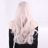 baratos Perucas Sintéticas sem Touca-Perucas sintéticas Ondulado Ondas Soltas Corte em Camadas Com Franjas Fabrico à Máquina Peruca 28 polegadas A1 Cabelo Sintético Mulheres Elástico Clássico Confortável Branco