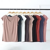billige Plain t-skjorte-Dame Bluse Helfarge Stilfull Fritid Kortermet V-hals Vanlige topper Daglig Svart Hvit Rosa Rød Marineblå Sommer Vår
