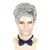 economico Parrucche storiche-Parrucca da uomo corta grigio argento, parrucche sintetiche a strati naturali per uomo, per Halloween quotidiano.