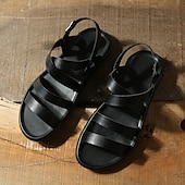 billige Uformelle sandaler-svarte minimalistiske sandaler i kunstskinn for menn - stilig design med kryssrem med spennelukking for fritidsklær om sommeren