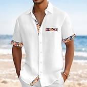 voordelige Vakantie-Voor heren Overhemd Linnen overhemd Zomer overhemd Strand Kleding Overhemd met knopen Effen Kleur Vakantie Curise Wit Marineblauw Oranje Khaki Korte mouw Kraag Zomer Lente zomer Kleding Kleurenblok