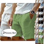 economico Classico-Confezione da 2 pantaloncini da uomo in lino, estivi, da spiaggia, con coulisse, tasca, elastico in vita, tinta unita, comodi, traspiranti, lunghezza al ginocchio, casual, per tutti i giorni, per le vacanze, alla moda, verde+grigio, nero+grigio