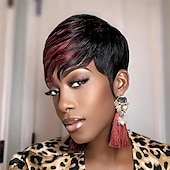 cheap Black &amp; African Wigs-Short Pixie Cut Wig Synthetic Wig for Black Women with Burgundy Layered Short Haircut Wig Glueless Wig with Bangs Quick Get Up and Go Wig