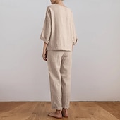 voordelige Stelt in-Dames Actief Basic Katoenen linnen overhemden Blouse Broeken Sets Lange mouw Strakke ronde hals Effen Kleur Buiten Uitgaan Blozend Roze Leger Groen Beige Zomer Normale pasvorm