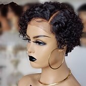 economico Parrucche lace front capelli veri-Parrucca bob con capelli umani, parrucche corte frontali in pizzo per donne nere, parrucca con capelli umani, taglio pixie, parrucca pre-pizzicata con parte a T e pizzo frontale con capelli per