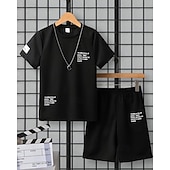 halpa Setit-2 osainen Lapset Poikien Puku T-paita ja shortsit Asu Kirjain Lyhythihainen Crewneck Aseta ulko- Urheilu Muoti Kesä 4 vuotta + Musta Valkoinen Rubiini