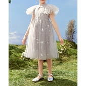cheap Dresses-Kids Girls&#039; Dress Flower Short Sleeve Outdoor Ruched Mesh Fashion Adorable Nylon Knee-length Casual Dress Tulle Dress Floral Dress Summer 4 years+ Purple