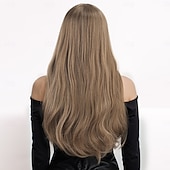 voordelige Synthetische trendy pruiken-synthetische pruik kinky recht recht gelaagd kapsel met pony pruik 24 inch a1 synthetisch haar dames klassiek comfortabel kleurverloop bruin