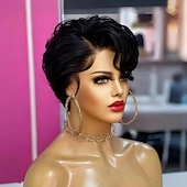abordables Perruques à dentelle frontale-Perruque courte en cheveux humains avec dentelle frontale pour femmes noires, coupe Pixie, pré-épilée, avec cheveux de bébé