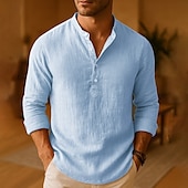 cheap Cotton Linen Shirt-Men&#039;s Shirt Linen Shirt Popover Shirt Casual Shirt Cotton Shirt Plain Vacation Hawaiian Dark Pink Black White Khaki Long Sleeve Band Collar Spring Fall Clothing Apparel