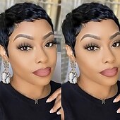baratos Perucas de Qualidade Superior-Peruca pixie cut sintética, peruca curta e reta, bob, para mulheres negras, cor preta natural