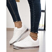 baratos Ténis de mulher-Tênis feminino branco e rosa com plataforma de glitter arco-íris, calçado casual com cadarço para uso diário e encontros