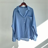 preiswerte Hemden-Damen Hemd Baumwoll-Leinen-Hemden Bluse Einfach Modern Lässig Langarm Hemdkragen Normale Oberteile Täglich Ferien Ausgehen Knöpfe Tasche Hellgrün Rosa Blau Aprikose Grau Sommer