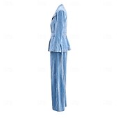 cheap Mom&#039;s Pant Suits-Blue Velvet Pantsuit Mother of the Bride Suit Elegant Minimalist Notched Lapel Floor Length Long Sleeve with Pearls