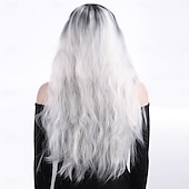baratos Perucas Sintéticas sem Touca-Perucas sintéticas Ondulado Onda Profunda Corte em Camadas Com Franjas Fabrico à Máquina Peruca 28 polegadas A1 Cabelo Sintético Mulheres Clássico Confortável Cores Gradiente Branco