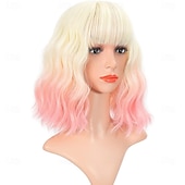 voordelige Synthetische trendy pruiken-Ombre 2-tone kleur krullende bob pruik met luchtpony natuurlijke krullende golvende korte bob pruiken schouderlange pruiken synthetische cosplay voor meisjes kleurrijke pruiken 12&#039;&#039; blond tot roze