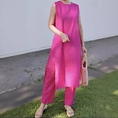 abordables Ensembles-Femmes Mode Streetwear Ensembles en coton et lin Ensembles de Pantalons Manche Courte Col ras du cou Uni Tenue quotidienne Date Rose Claire Bleu Vert Été Coupe régulière