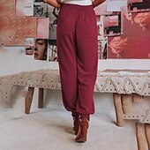 abordables jambe large et taille haute-Femmes Slacks Pantalons Occasionnel Longueur complète Naturel Uni Avec Poches Conception à cordon élastique Confortable Extérieur Fête Décontracté Quotidien Week-end Vin Noir Vert Claire Vert Véronèse