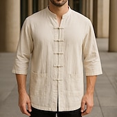 economico Camicie di lino-Per uomo Camicia Camicia di lino Camicia casual Camicia con Bottoni Camicia di cotone Semplice Vacanza Casual Quotidiano Nero Bianco Blu marino Beige Mezza Manica Colletto alla coreana Estate