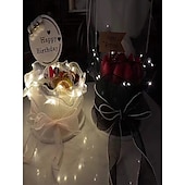 baratos Plantas e Flores Artificiais-Embalagem de presente de flores com luz LED, material de embrulho de gaze ondulada para buquê, caixa de presente de pirulito para casamento, festa, aniversário