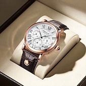 abordables Montres à quartz-Montre à quartz classique pour homme – style chronographe, bracelet en cuir étanche, montre-bracelet analogique décontractée pour le travail