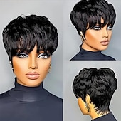 abordables Pelucas de máxima calidad-Peluca sintética de corte pixie, de capas cortas, para mujeres negras, sin pegamento, estilo bob, recta y corta, color negro.