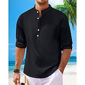 preiswerte Baumwoll-Leinenhemd-Herren Hemd Leinenhemd Popover-Hemd Freizeithemd Baumwollhemd Einfach Urlaub Hawaiianisch Schwarz Weiß Rosa Marineblau Langarm Stehkragen Frühling Herbst Bekleidung