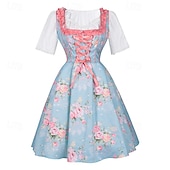 ieftine Dirndl-Rochie de dirndl cu flori pentru femei cu șorț roz și bluză pentru festivalul de bere Oktoberfest Wiesn
