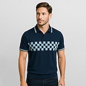  Homens Pólo Trabalho O negócio Coleira de gaivota Manga Curta Férias Vintage Xadrez Botões Estampado Verão Primavera Normal Azul Marinha Pólo