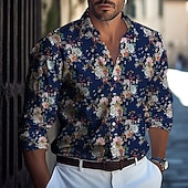 cheap Plants Pattern-Men&#039;s Floral Print Flowers Shirt Button Up Shirt Casual Dress Shirt Long Sleeve Fashion Casual Formal Vacation Dailywear Summer Spring Turndown 3D Print Collared Shirts Red Blue Green Dark Blue