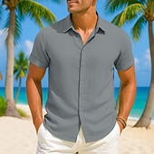 preiswerte Urlaub-Herren Hemd Leinenhemd Sommerhemd Durchgeknöpft Hemd Freizeithemd Strandhemd Einfarbig Urlaub Lässig Schwarz Weiß Rosa Grün Kurzarm Kragen Sommer Bekleidung