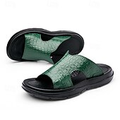 cheap Vacation Sandals-Men&#039;s Copper Faux Leather Slide Sandals with Embossed Crocodile Pattern and Black Cushioned Sole – Stylish Slip-On Sandals for Indoor Lounge, Poolside Relaxation, or Resort Wear