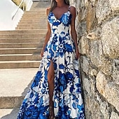 economico Abiti eleganti floreali-Per donna Abito Lungo Maxi Abito Abito da Ballo Vestito da Festa Elegante Moda Feste Occasione speciale Festa serale Vestibilità regolare Fiore Senza Maniche Spalline sottili Blu Estate