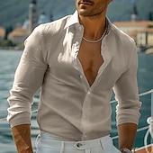 preiswerte Urlaub-Herren Hemd Leinenhemd Freizeithemd Knopfhemd Baumwollhemd Einfach Urlaub Hawaiianisch Schwarz Weiß Rosa Grau Langarm Revers Frühling Herbst Bekleidung