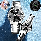 economico Orologi al quarzo-Orologio da coppia luminoso con quadrante rotondo, IPX7, impermeabile, al quarzo, con calendario e data, in acciaio inossidabile, alla moda, per donne e uomini, regalo per San Valentino.