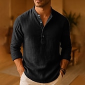 economico Camicie di lino-Per uomo Camicia Camicia di lino Camicia popover Camicia casual Camicia di cotone Semplice Vacanza Camicia hawaiana Rosa scuro Nero Bianco Cachi Manica Lunga Colletto alla coreana Primavera Autunno
