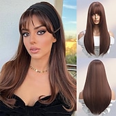preiswerte Trendige synthetische Perücken-Ombre-Perücke in Gold mit Pony – langes glattes Haar mit dunklen Haarwurzeln und leichten Locken nach innen an den Enden – hitzebeständiges Kunsthaar für Frauen – ideal für alltägliche Partys und
