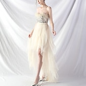 cheap Semi-formal / Cocktail-A-Line Quinceanera Dresses Elegant Dress Formal Wedding Asymmetrical Sleeveless Strapless Tulle Backless with Feather Embroidery